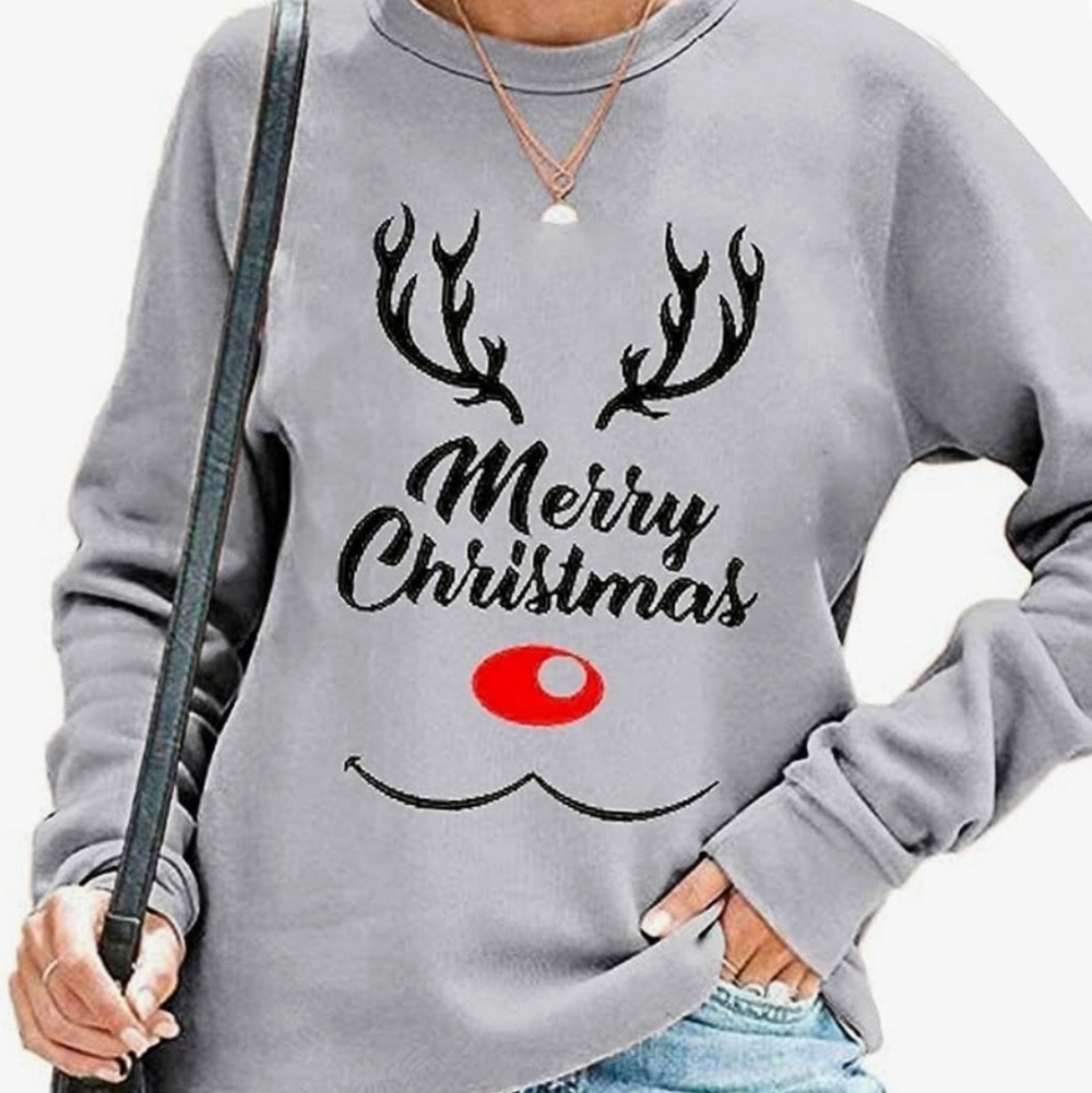 Christmas Antler Pullover Cute Red Nose Graphic Grey Sweatshirt Size M
